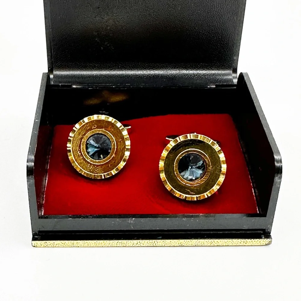 Vintage Gold Tone Blue Topaz Scalloped Edge Round Cufflinks Unsigned IOB